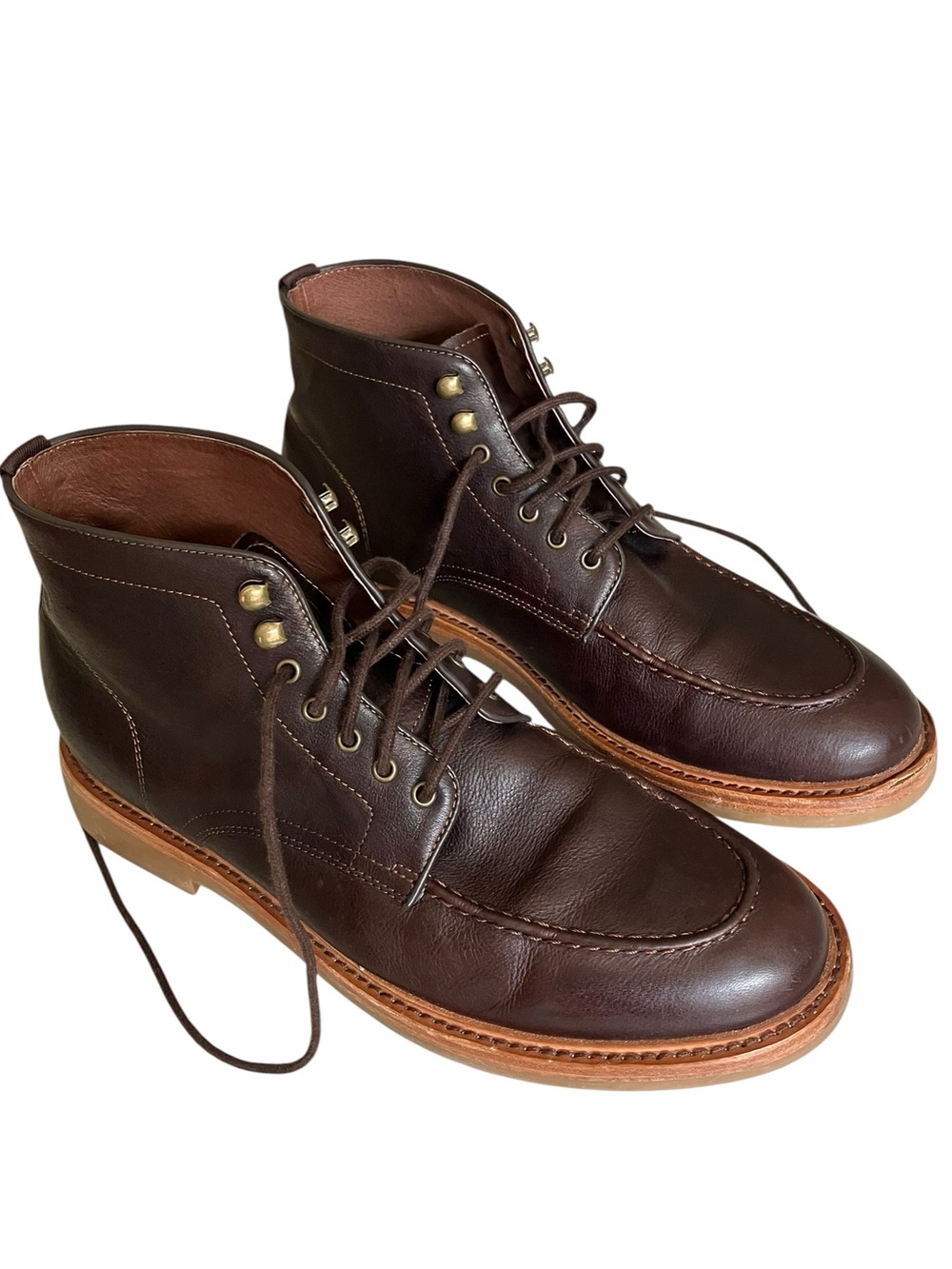 Warfield & Grand Trench Moc Toe Boots Brown Leather Brass Hardware Men’s 9